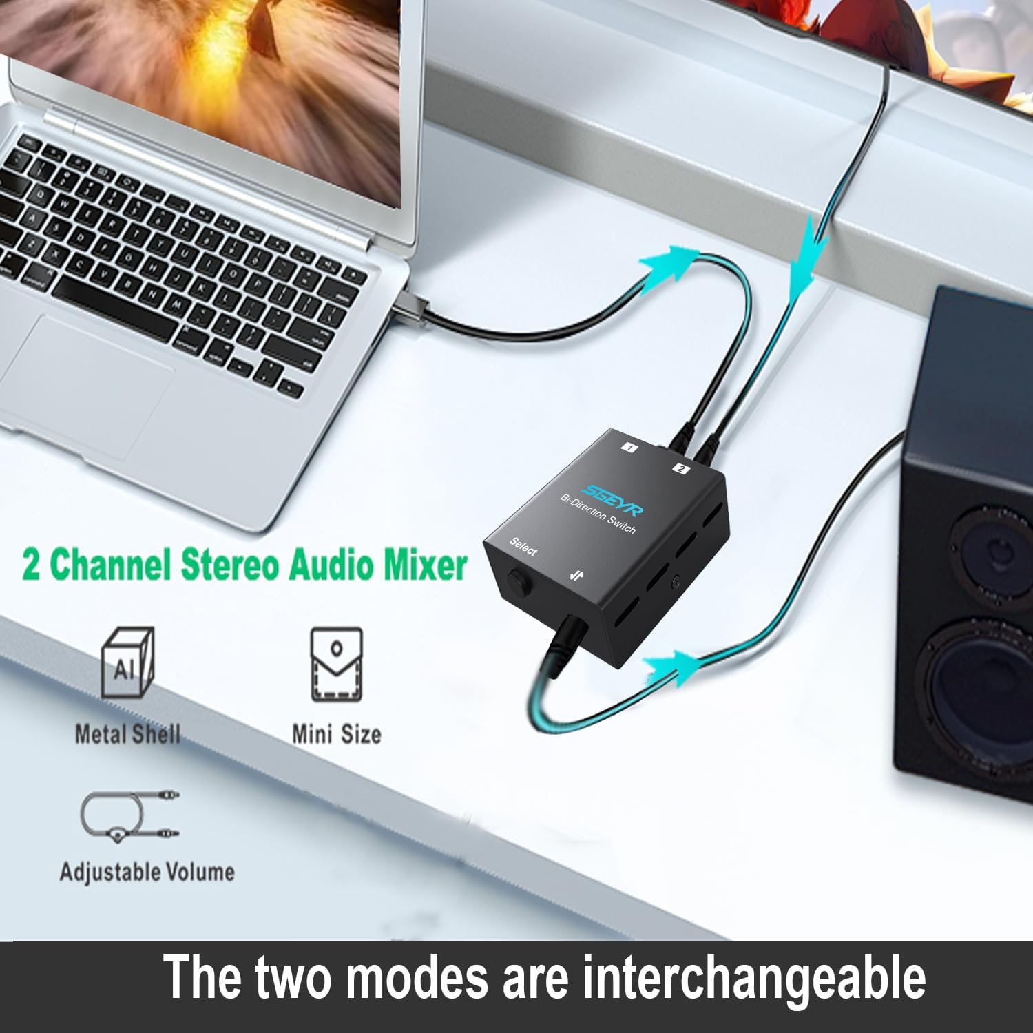 SGEYR Audio Switcher 2 Channel 3.5mm Bi-Direction Switch 2-in-1 Out/ 1-in-2 Out Audio Stereo Mixer Mini Sound Mixer for PC Versatile Connectivity - Image 4